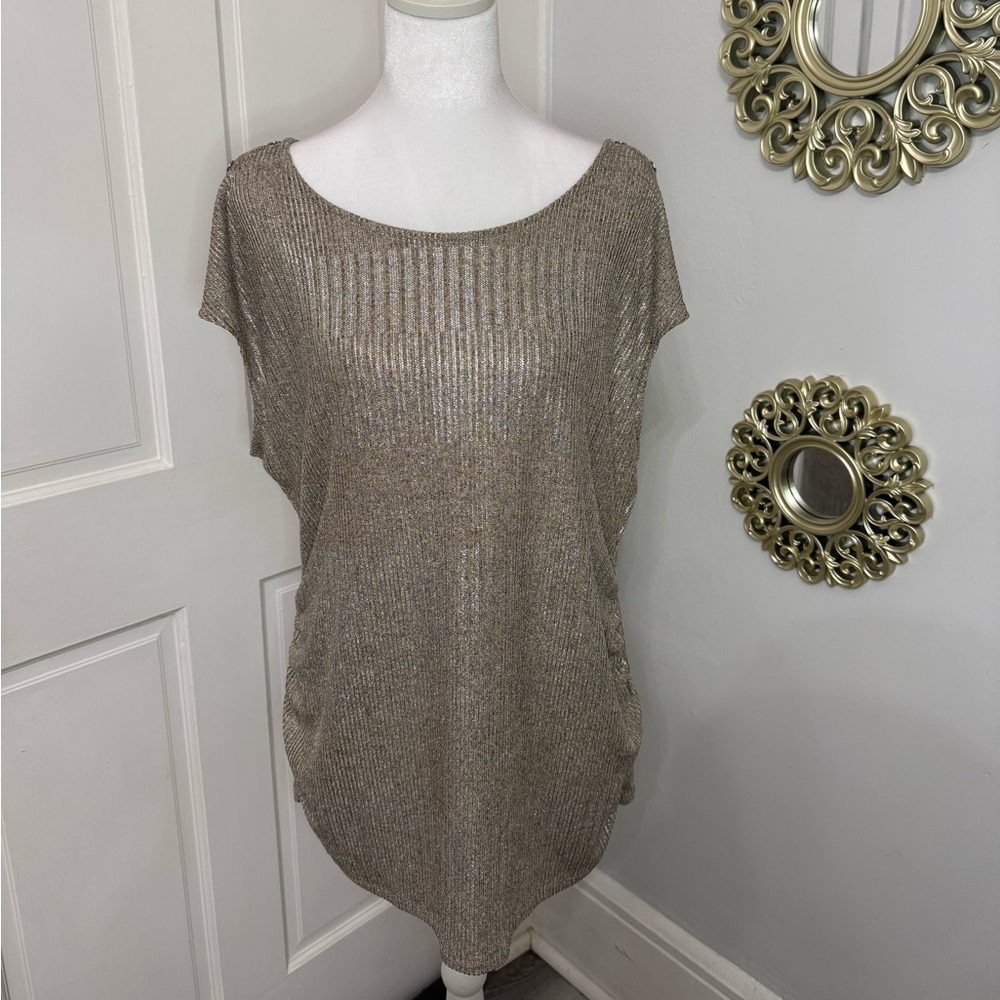 Calvin Klein Gold Metallic Knit Button Accent Short Sleeve Blouse XL